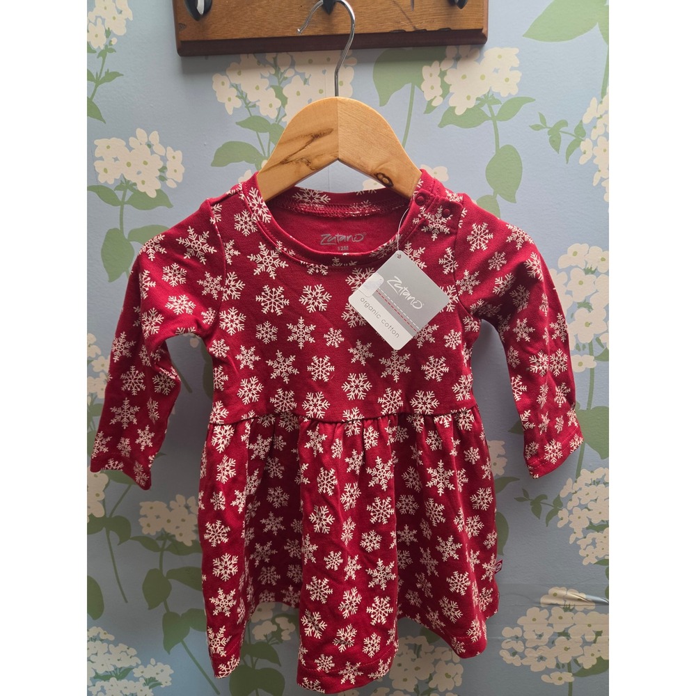 Zutano Cranberry Snowflake Forever Dress 12M Organic Cotton Long Sleeve Holiday